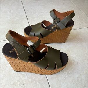 Free People Sunflower Wedge Sandal  Olive Leather Tan Raffia Weave women 38/7